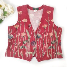 Vintage 90s Orvis Red Vest Cotton Linen Floral Cottage Country Fall Fits XL-1X