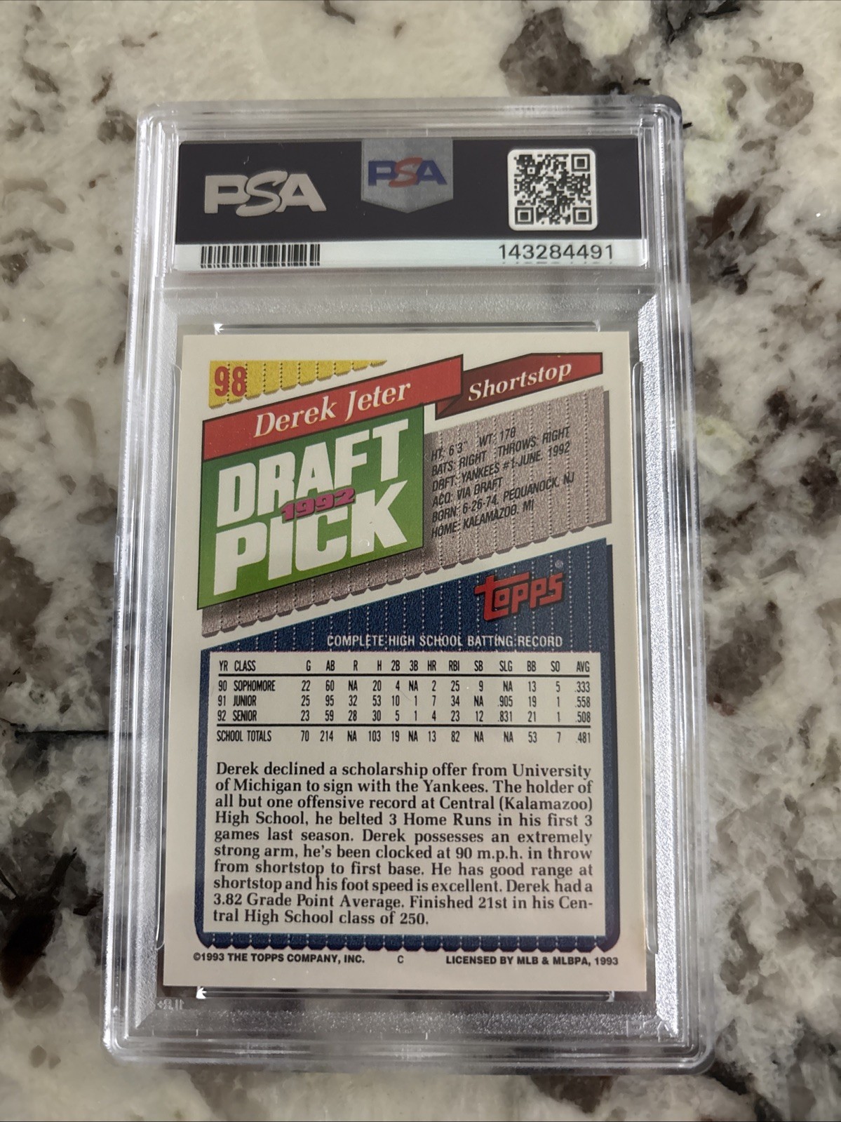 1993 Topps - Derek Jeter #98 (RC) PSA 8 view 2
