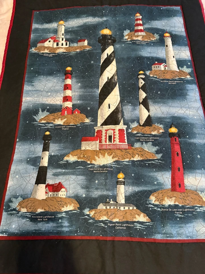 Hand Quilted Panel Theme of Lighthouses, Finished, 40” x 31” w/ Rod Pocket - Image 2 of 4