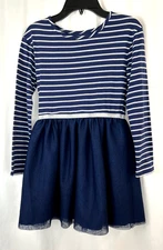 Girl's Cat &Jack Long Sleeve P/O Dress, Navy Blu Striped Top, Net Skirt Sz M 7-8