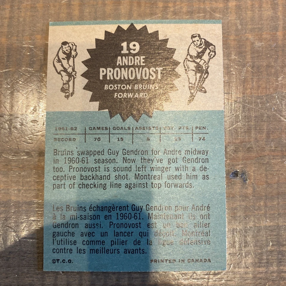 1962-63 TOPPS NHL HOCKEY ANDRE PRONOVOST #19 NMT - Image 2 of 2