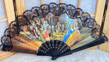 Vintage Fan Black Lace Trim 18th Century Scene Gorgeous