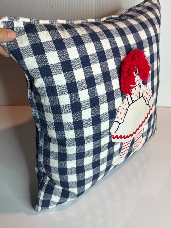 NEW Blue White Gingham Check Plaid Farmhouse Doll Throw Pillow Raggedy Ann 18x18 - Image 3 of 4