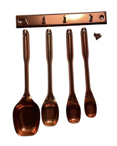 Vintage Aluminum Copper Tone Measuring Spoon Set + Kitchen Wall Hook Hanger - Picture 1 of 4