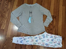 ZOE & BELLA LLAMA PJ SET GRAY JERSEY TEE WHITE LLAMA PRINT THERMAL PANTS EUC L