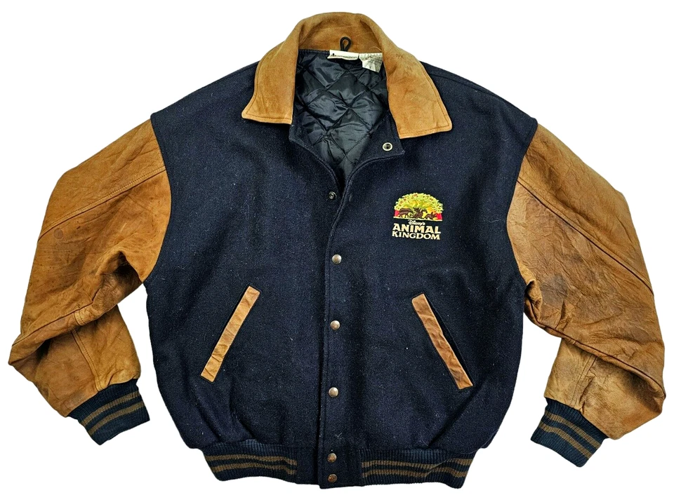 LO ÚLTIMO DE COLECCIÓN Chaqueta Bomber Para Hombre DISNEY @ ANIMAL KINGDOM VARSITY CUERO LANA NEGRA M Foto 2 de 4