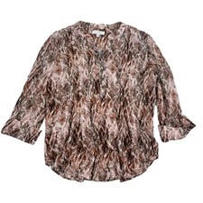 New Directions Animal Print Snakeskin Blouse Henley Roll Tab Sleeve Rayon Sz L