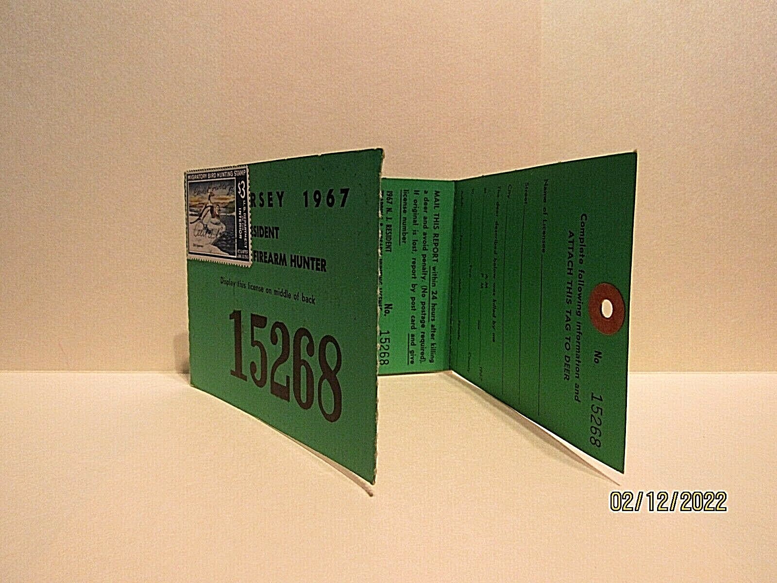 Vintage Hunting License & Attached Migratory Bird Stamp NJ Resident