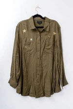 Lane Bryant Womens Star Embroidered Button down Long Sleeve shirt 16 green offic