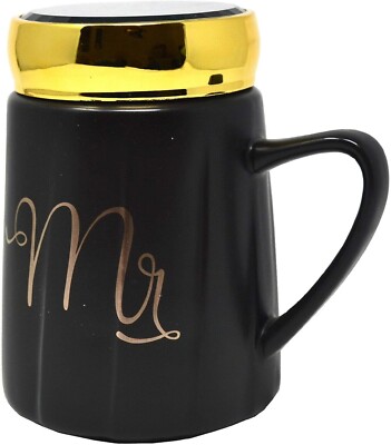2 STÜCK HERR REISEBECHER SCHWARZ & GOLD KERAMIK KAFFEE TEE TASSE GRIFF 13 CM HOCHZEITSGESCHENK