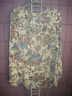 ONE WORD 2X Floral Semi Sheer Hi Low Long Sleeve A-line Shirt