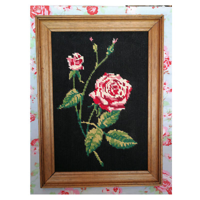 Vintage! Rahmen Rose Blume Kreuzstich Canvas Gobelin Stickerei Kitsch 1960