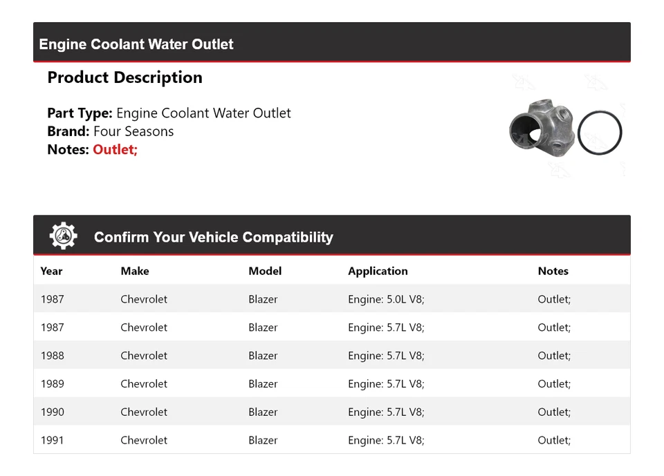 For 1987-1991 Chevrolet Blazer Engine Coolant Water Outlet 4 Seasons 1988 1989 - Image 2 of 4