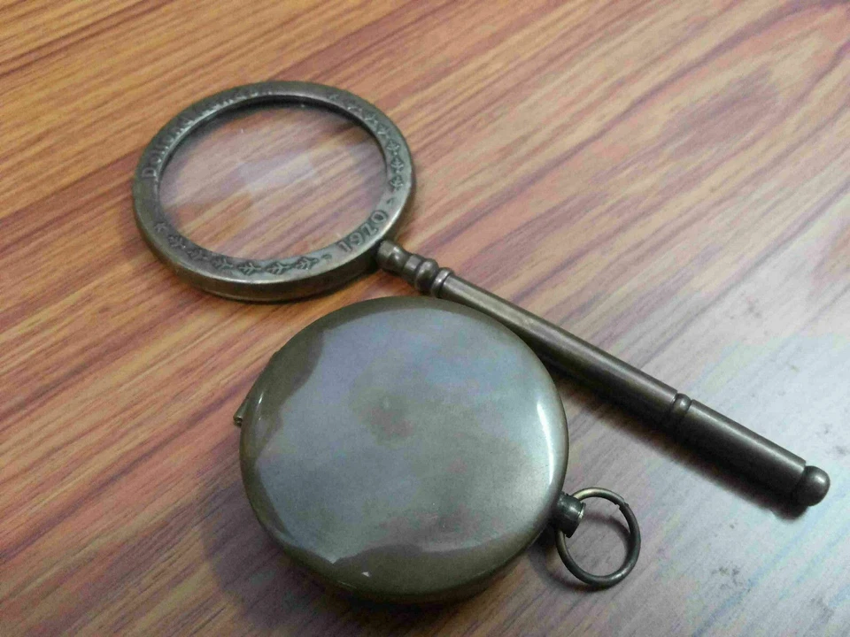 Antique Brass Magnifying Glass With Brass Nautical Lid Compass Collectible Style - Image 4 of 4