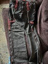 Tripp NYC Black Red Plaid Denim Pants Chains Straps Punk Gothic Straight Leg 34"