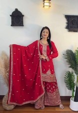 Beautiful Look Red Chinon Silk Top Palazzo With Dupatta For Women  Girls