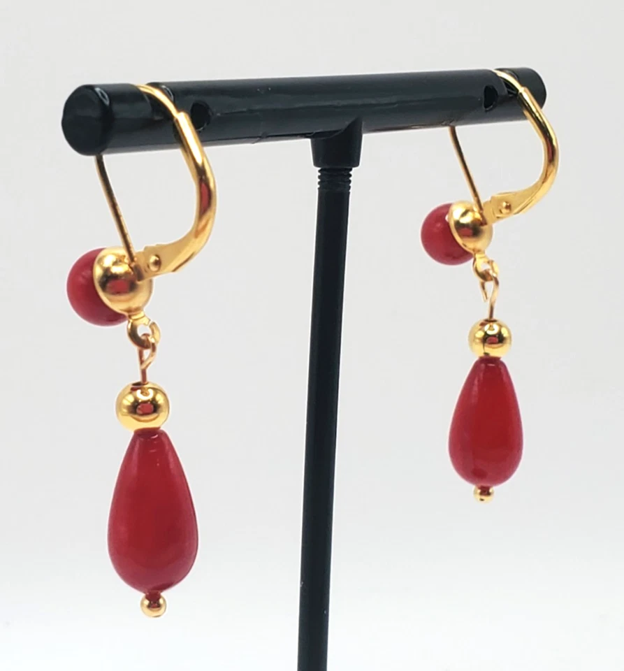 Pendientes de lágrima y cuentas redondas de coral de bambú genuino con cierre trasero de palanca GP Foto 4 de 4