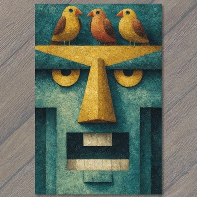POSTCARD Three Birds Abstract Face Mask Geometric Teal Yellow Orange Humor