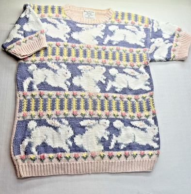 Marisa Christina Easter Bunny Pink Lavender Short Sleeve Sweater Pull Over MED