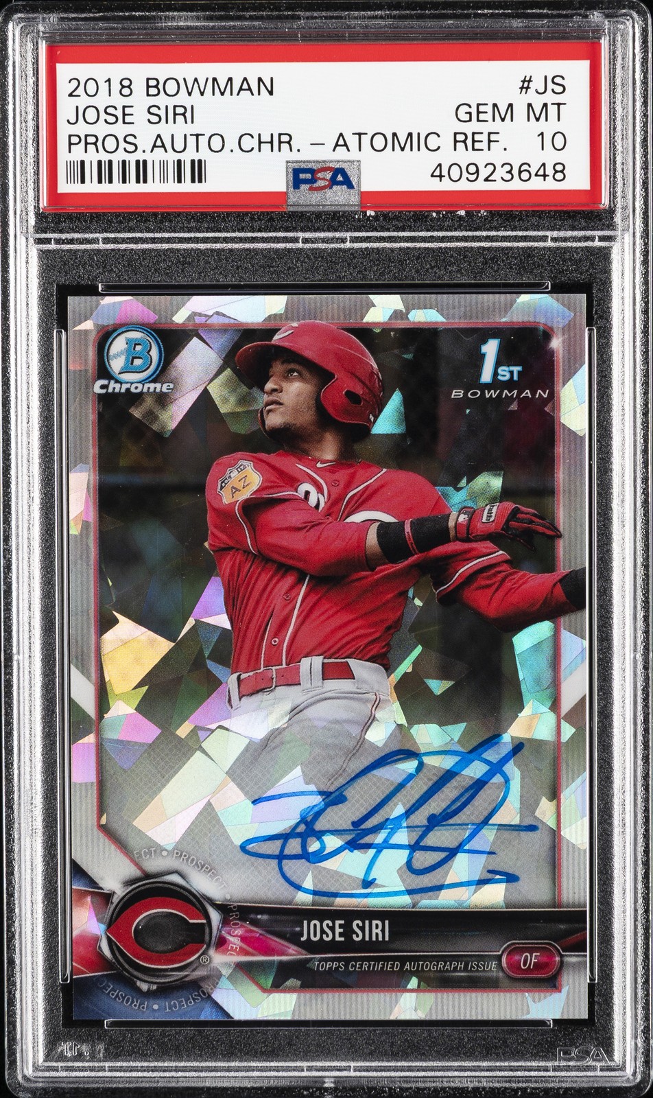 2018 BOWMAN PRSPCT AUTOS CHROME ATOMIC REFRACTOR #JS JOSE SIRI #/100 PSA 10 AUTO