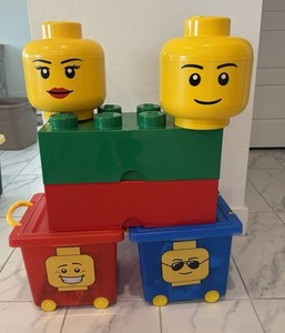 LEGO Storage (6) Cases + plus legos; 2 large head, 2 lego blocks, 2 rolling bins