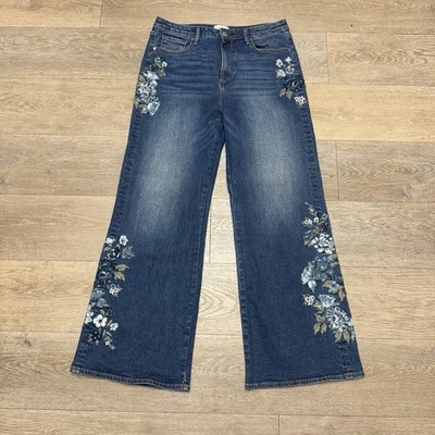 DRIFTWOOD CHARLEE Embroidered Wide Leg JEANS Blue Bell Fleur SIze 10 32x31 NWOT