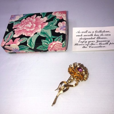 Pretty Gold Tone January Carnation Flower and Birthstone Brooch