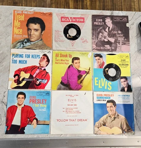 Exact Shown Lot #1 of 9 Vintage Elvis Presley Vinyl 45's in Sleeves
