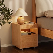 End table with Charging Station Wooden Nightstand with Drawers,Natural Natural