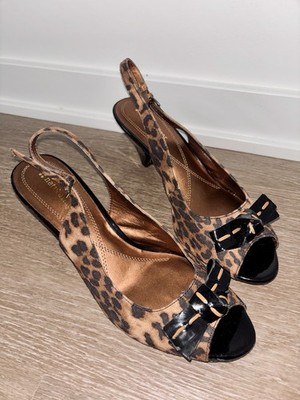 Naturalizer Animal Print Slingback Peep Toe Heels Brown Black Bow Accent