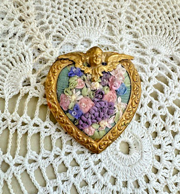 Vintage Hand Made Ribbon Embroidery Floral Heart Pin with Cherub Brooch 2 Inch