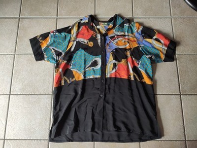 Vintage Bluse Damen Größe 54 XXL Gina di Monti 80s 90s Retro Schwarz Bunt