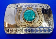 Round Turquoise Centerpiece in Lucky Horseshoe Two Tone Western Belt Buckle