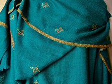 Vintage Dark Aqua Green Fine Pashmina Shawl with Hand Silk Embroidery 35x74"
