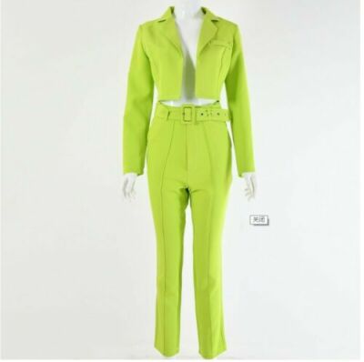 NEW  Women Office Two Piece Set Long Sleeve Blazer Crop Top +Pant Suits #K