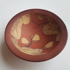 Ceramic studio pottery art bowl handcraft vintage gilt acorns design RJ signed