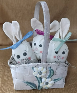 Vintage Cabin-craft Small Basket Holding Three (3) Handcrafted Muslin Bunnies