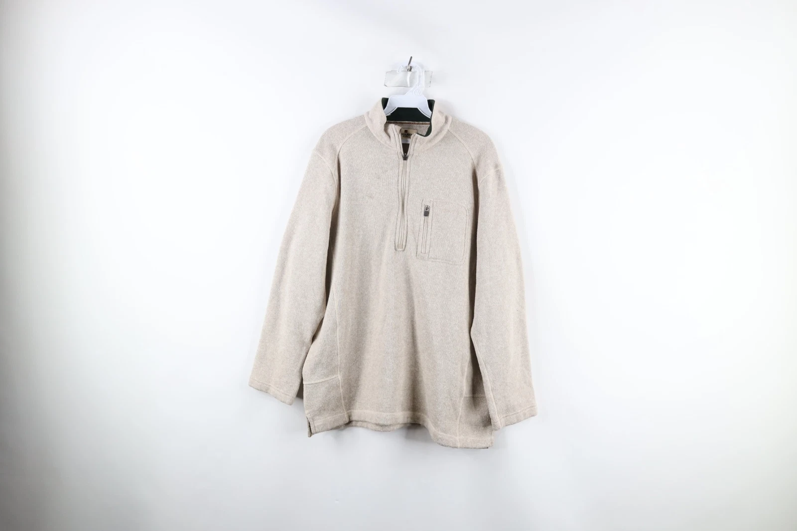Woolrich Mens Large Distressed Spell Out Knit Half Zip Pullover Sweater Beige