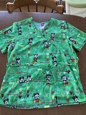 Disney Womens Scrub Top Mickey Minnie Mouse Green Christmas size small