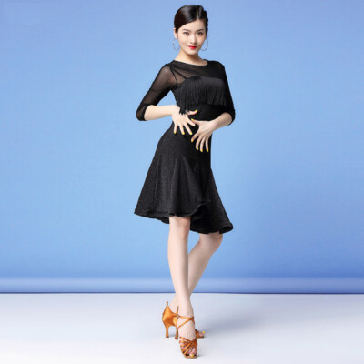 Damen Tanzkleid Ballroom Rumba Tango Latein Cha Cha Netz Fransen Plissee