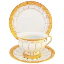 MEISSEN 24K GOLD Encrusted RIMS Leaf Golden Baroque 3 ITEMS Cup  Saucer  Plate