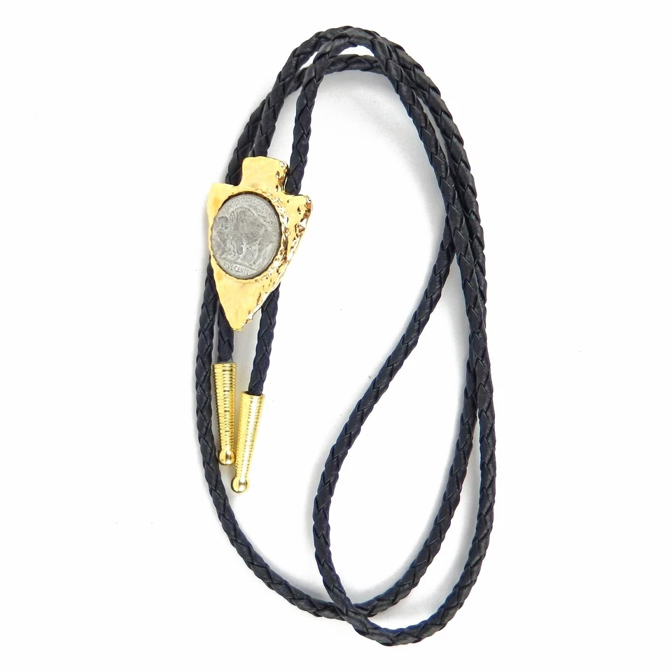 Buffalo Coin Gold Arrowhead Bolo Tie 36 inch Adjustable Braided Cord Made In USA - Image 2 of 4