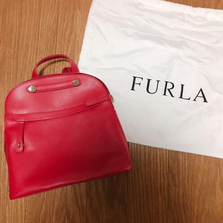 Furla Piper Ladies Leather Red Backpack USED from Japan W/sleeper bag