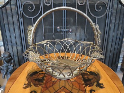 Vintage Godinger Silver Plated 12'' Fruit Basket Fold Down Handle Grape Clusters
