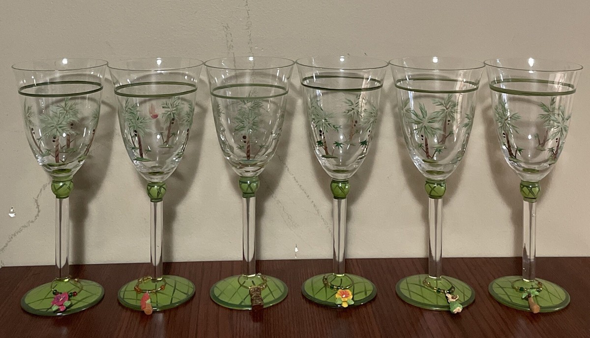 6 Palm Tree Hand Painted Wine Glass/Water Goblet with Hawaii Themed Charms  | eBay