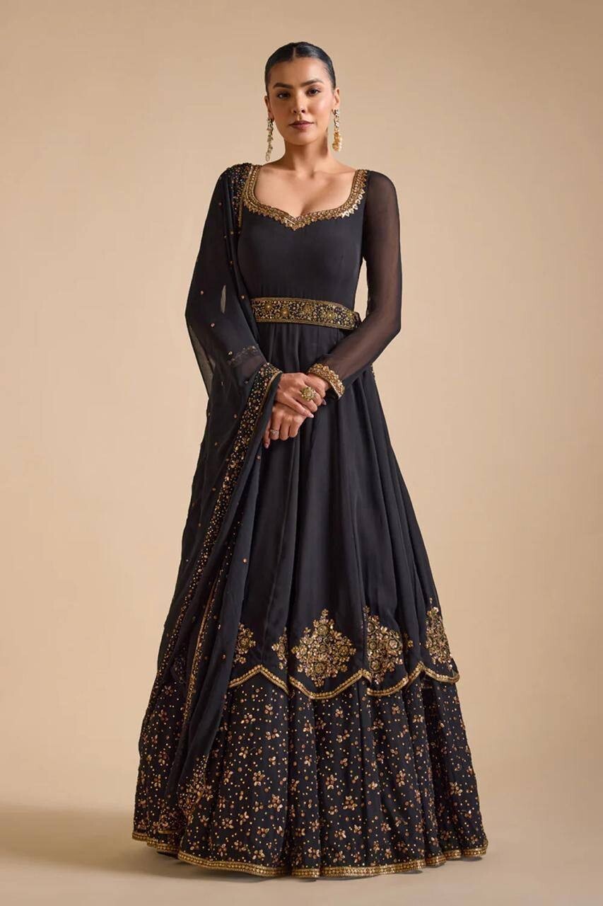 Vestido de diseñador Georgette Anarkali con Dupatta para boda y recepción