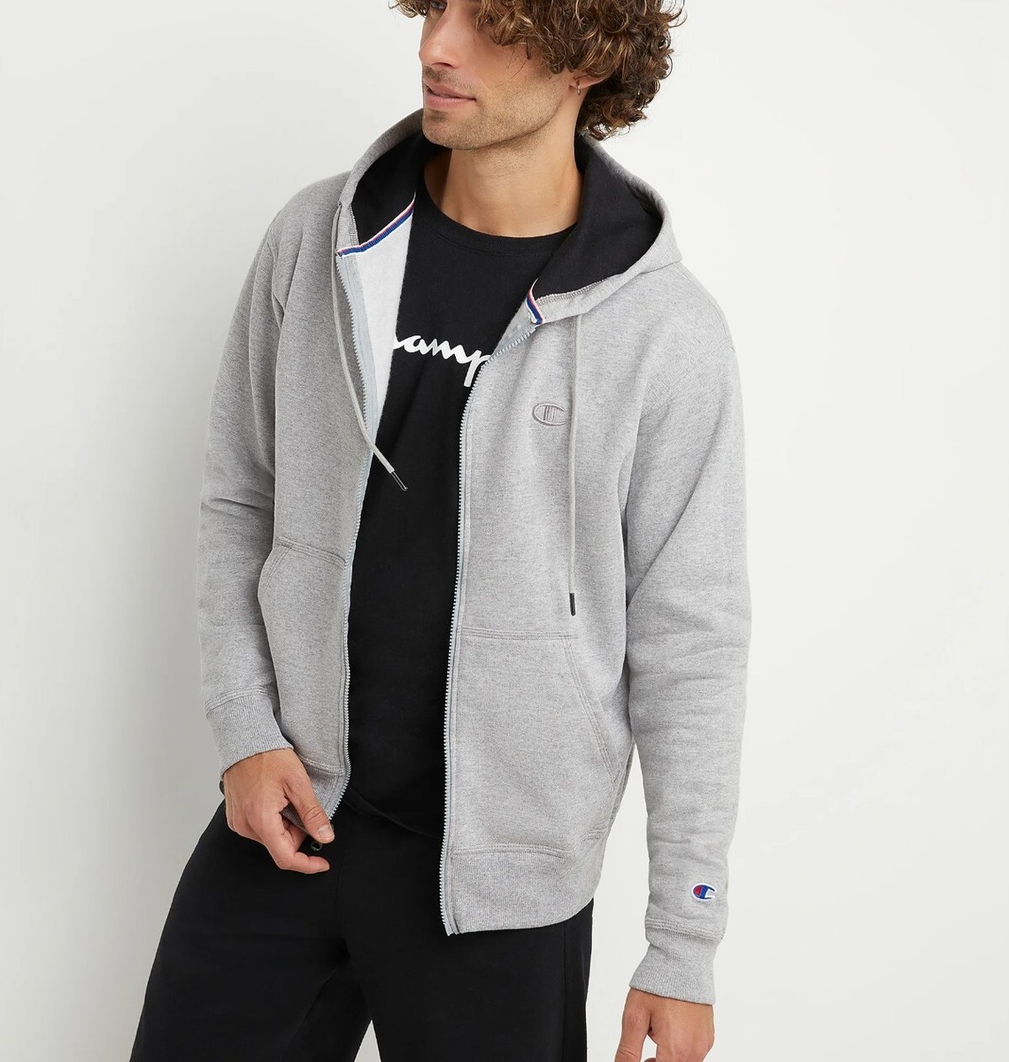 Champion Men POWERBLEND FLEECE FULL ZIP HOODIE EMBROIDERED C LOGO