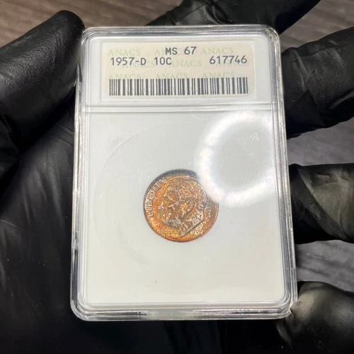 MS67 1957-D 10C Roosevelt Silver Dime, ANACS Soapbox- Rainbow Mint Set Toned