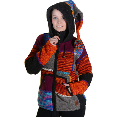 Kunst und Magie Damen Bunte Patchwork Strickjacke mit Zipfelkapuze