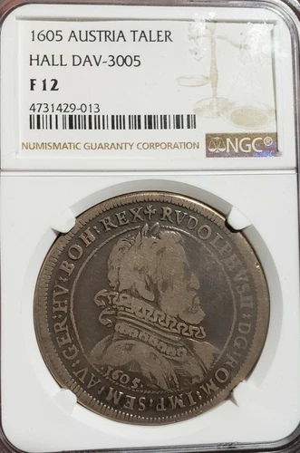 1605 Silver Taler Hall Dav-3005. Emperor RUDOLPHVS II. Lower Austria.  NGC  F 12